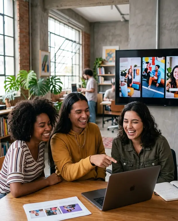 Equipe de agência discutindo anúncios em vídeo