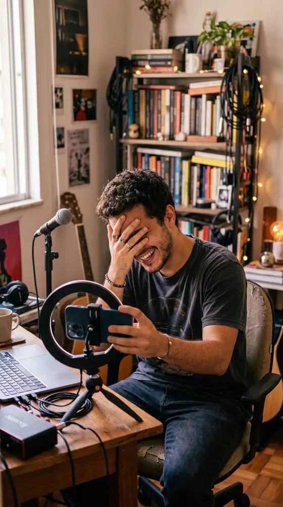 Pessoa rindo depois de errar uma fala durante a gravação