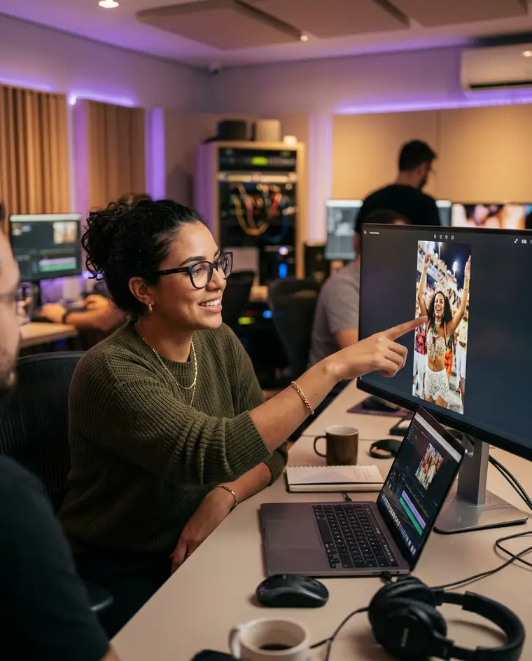 Editora revisando um vídeo vertical no monitor