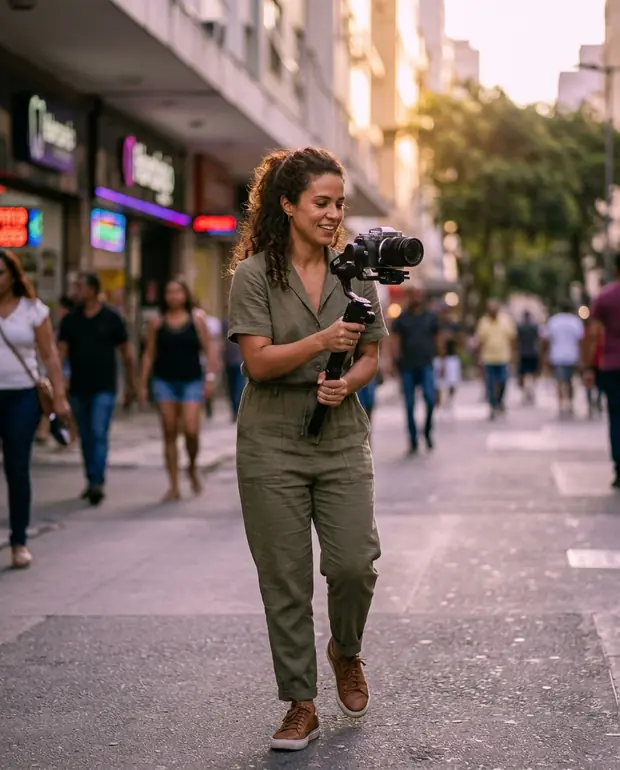Videomaker filmando com gimbal na rua