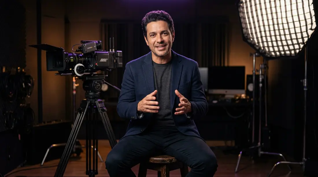 Apresentador gravando VSL em estúdio